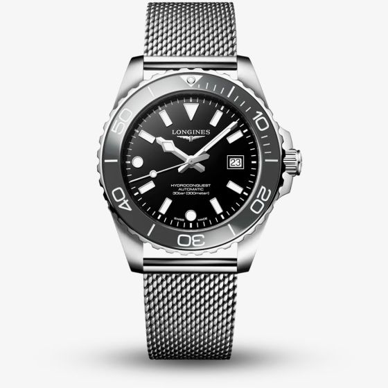Longines Mens Hydroconquest Black Dial Mesh Bracelet Watch L3.788.4.70.6