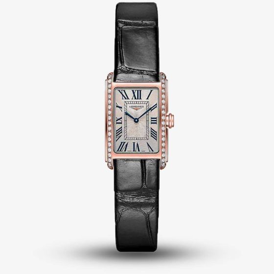 Longines Ladies DolceVita 18ct Rose Gold Diamond Set Black Leather Strap Watch L5.258.9.71.0