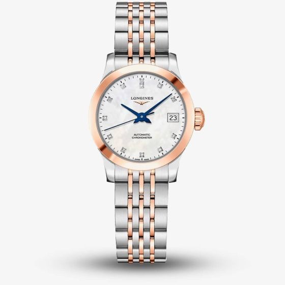 Longines Ladies Record Diamond Set Mother Of Pearl Dial Two Colour Bracelet Watch L2.320.5.87.7