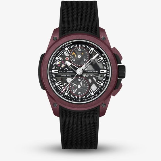 NORQAIN Limited Edition Wild One Skeleton Chrono Burgundy Case Black Rubber Strap Watch N3002.40Q02.B01.R01