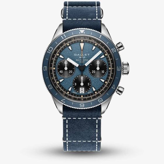 Gallet Mens Multichron Pilot Chronograph Blue Dial Leather Strap Watch AG2303171C1W1