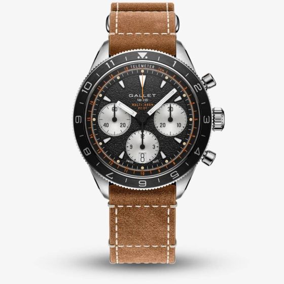 Gallet Mens Multichron Pilot Chronograph Black Dial Leather Strap Watch  AG2303251B1W1