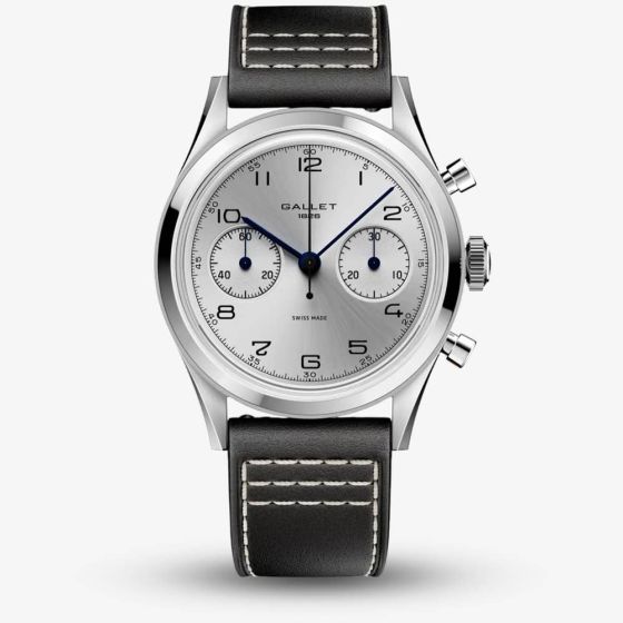 Gallet Mens Classics 'Tribute To Silverlight' Chronograph Silver Dial Leather Strap Watch AG0910121G1X1