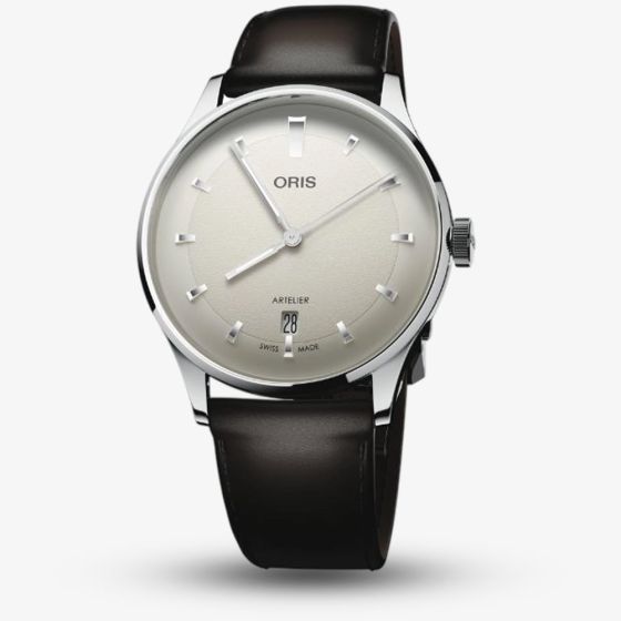 Oris Mens Artelier Date White Dial Dark Brown Leather Strap Watch 01 733 7810 4051-07 6 20 17FC