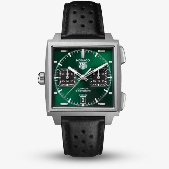TAG Heuer Mens Monaco Chronograph Green Dial Black Leather Strap Watch CDW2180.FC8360
