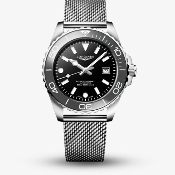 Longines Mens Hydroconquest Automatic 42mm Black Dial Mesh Bracelet Watch L3.788.4.70.6