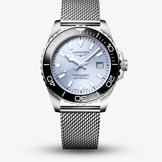 Longines Mens Hydroconquest Automatic 42mm Ice Blue Dial Mesh Bracelet Watch L3.788.4.99.6