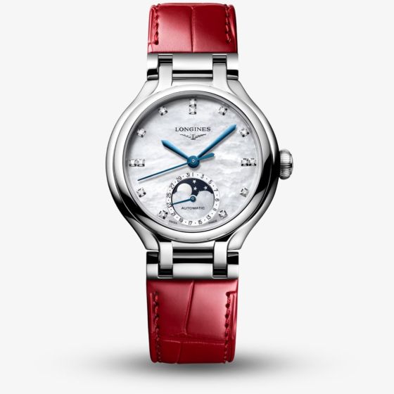 Longines Ladies PrimaLuna Moonphase Red Leather Strap Watch L8.126.4.87.2