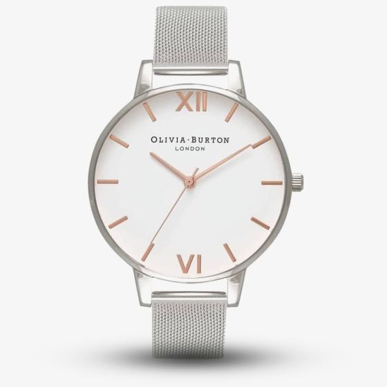 Olivia Burton White Dial Rose Gold And Silver Mesh Bracelet Watch 24000171