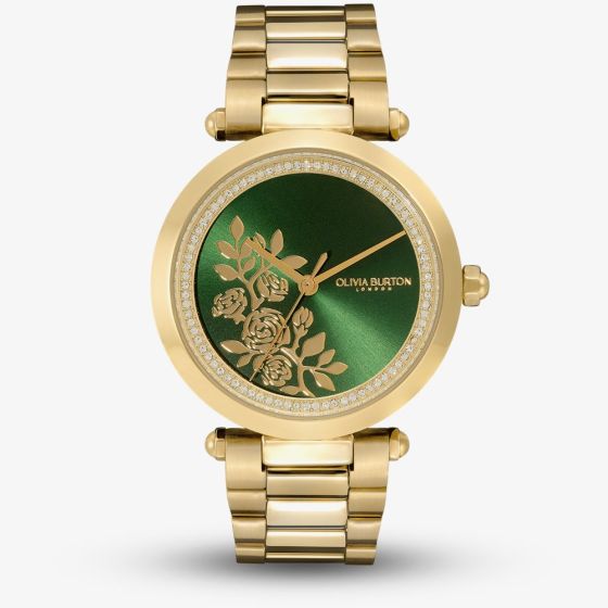 Olivia Burton Signature Gold Tone Floral Crystal Green Dial Watch 24000043