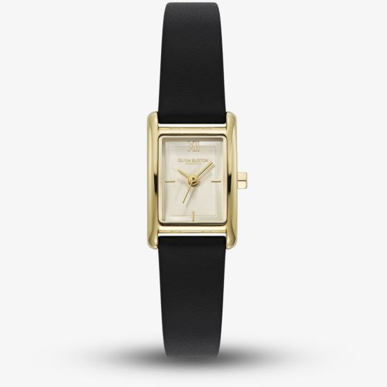 Olivia Burton Ladies Mini Grove Ivory Dial Black Leather Strap Watch 24000437