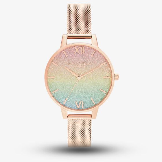 Olivia Burton Ladies RainBow Rose Gold Mesh Bracelet Glitter Dial Watch OB16RB18