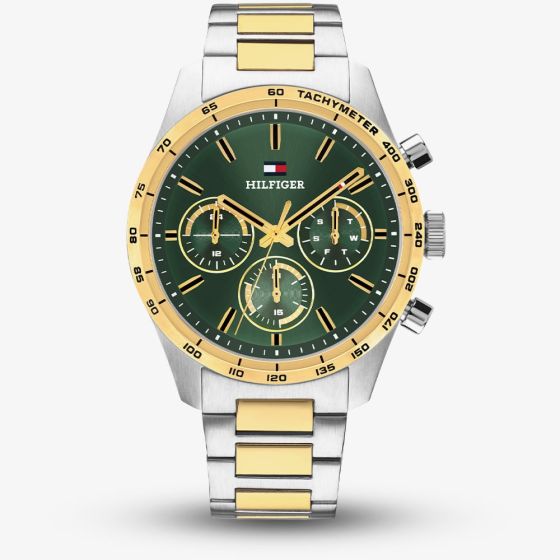 Tommy Hilfiger Mens Hampton Two Tone Green Dial Bracelet Watch 1792279