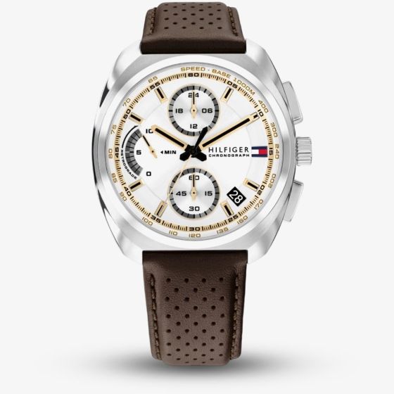 Tommy Hilfiger Mens Cole Chronograph White Dial Leather Strap Watch 1792270