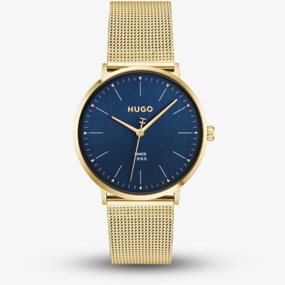 HUGO Mens #Style 3H Golden Blue Dial Mesh Bracelet Watch 1530473