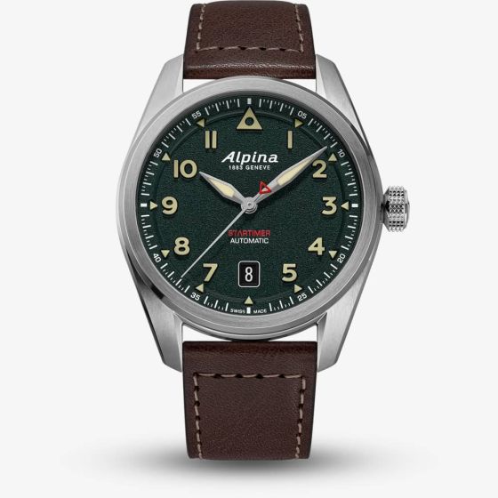 Alpina Mens Startimer Pilot Automatic Khaki Dial Leather Strap Watch AL-525KW4S36