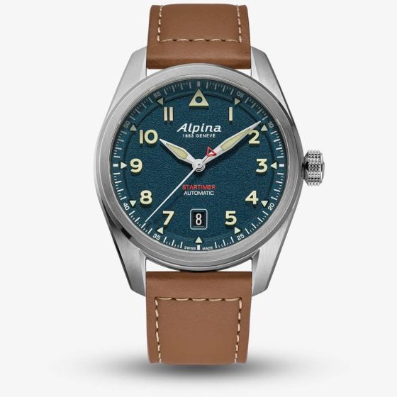 Alpina Mens Startimer Pilot Automatic Navy Dial Leather Watch AL-525NW4S36