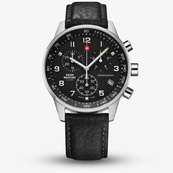 Swiss Military Mens Minimalist Chronograph Black Leather Strap Watch SM34012.05