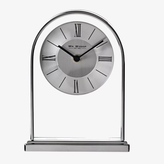 WM Widdop Chrome And Wood Veneer Mantel Clock W2938