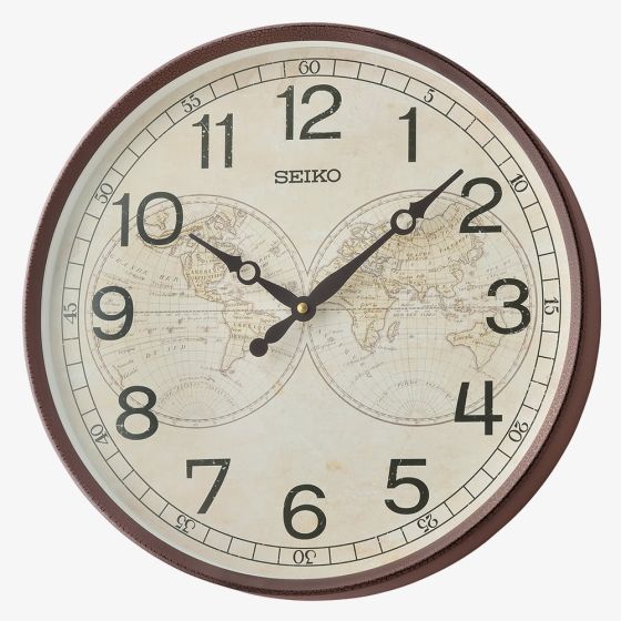 Seiko Brown World Map Dial Round Wall Clock QXA803B