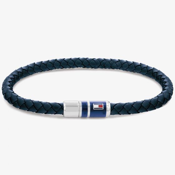 Tommy Hilfiger Mens Navy Leather Logo Bracelet 2790294