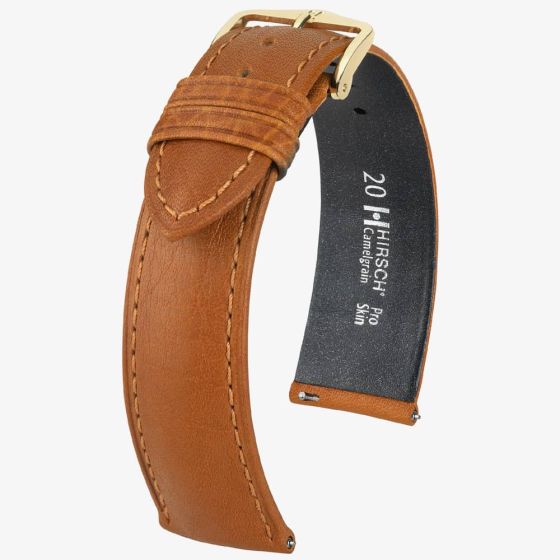 HIRSCH Camelgrain Long Honey Brown Leather Watch Strap 01009010-1