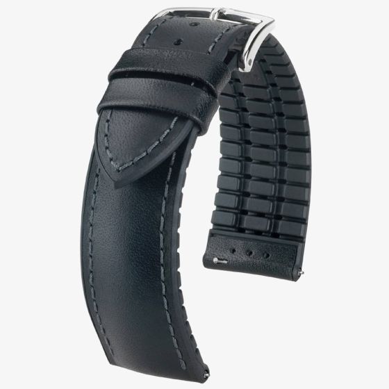 HIRSCH James Long Black Leather and Rubber Watch Strap 0925002050-2