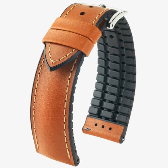 HIRSCH James Long Golden Brown Leather and Rubber Watch Strap 0925002070-2