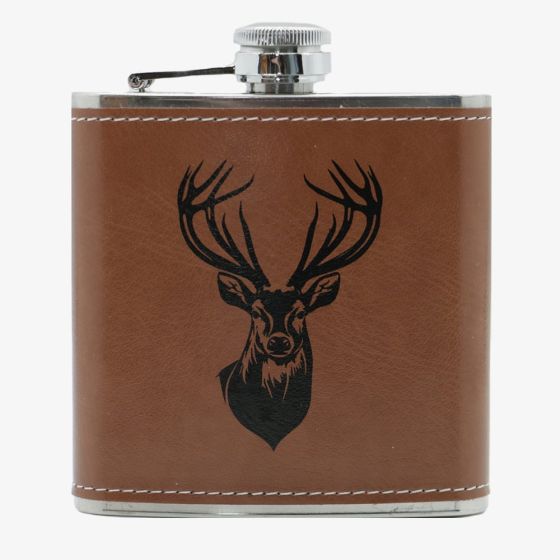 Stainless Steel & Brown Leatherette Deer 6oz Hip Flask HF-07