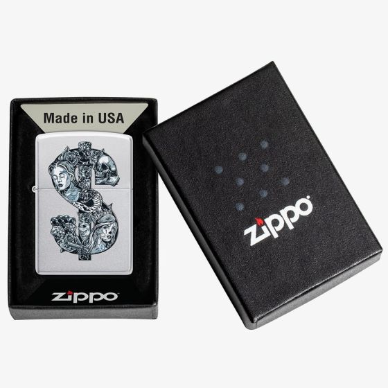 Zippo Tattoo Dollar Sign Satin Chrome Lighter 46046