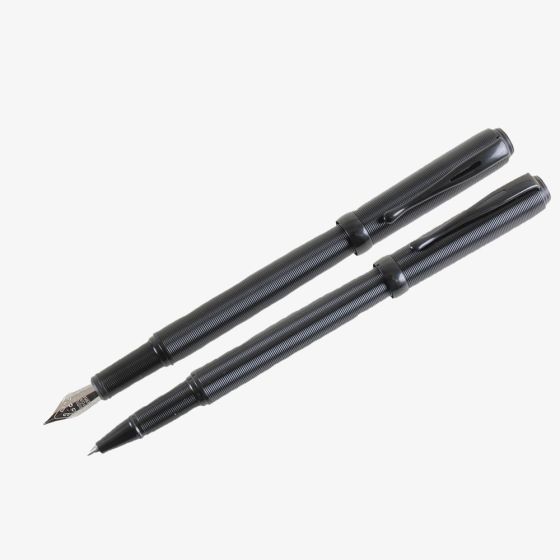 Black Ribbed Fountain & Rollerball Pen Set PS-04