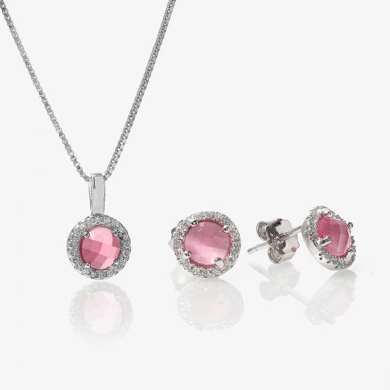 Silver Round Pink Crystal Gift Set SS52+SS52-P