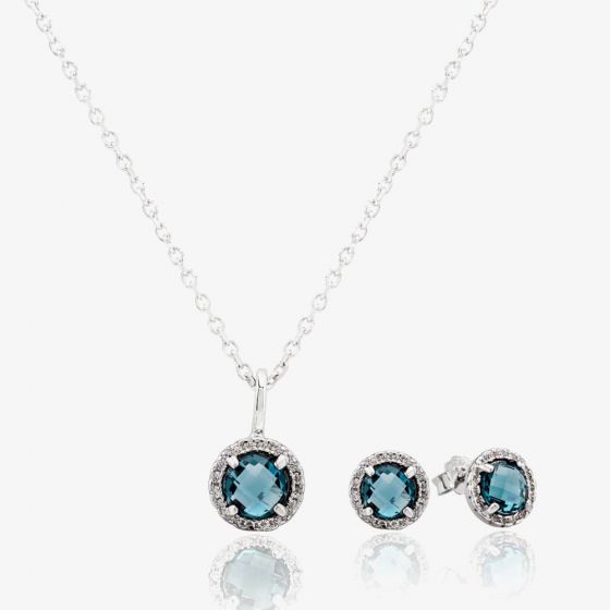 Sterling Silver Blue Crystal Pendant & Stud Earrings Jewellery Set E613040-4 + SS52-P