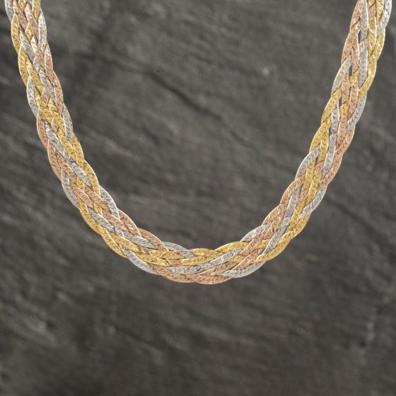 Second Hand 9ct Three Colour Gold Plaited 7 Inch Bracelet & 14 Inch Jewellery Set 41041448
