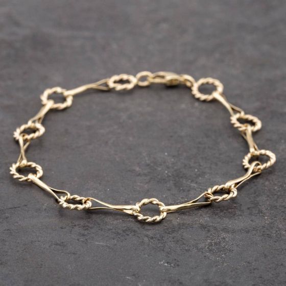 Second Hand 9ct Yellow Gold Rope Circles 7.5 Inch Bar Chain Bracelet 41061051