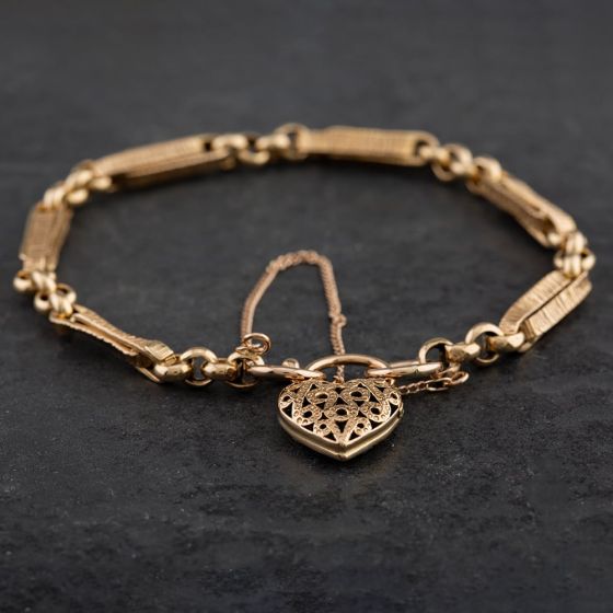 Second Hand 9ct Yellow Gold Bar & Heart Belcher Chain Bracelet 4107122