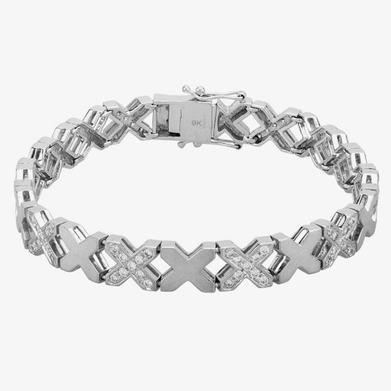 Second Hand 9ct White Gold 7 Inch Cubic Zirconia Kiss Link Bracelet 4107436