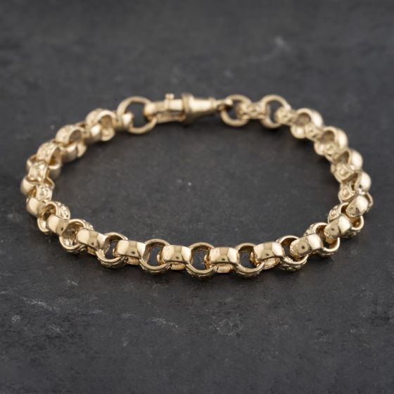 Second Hand 9ct Yellow Gold Engraved And Plain 7.5 Inch Belcher Chain Bracelet 41081207