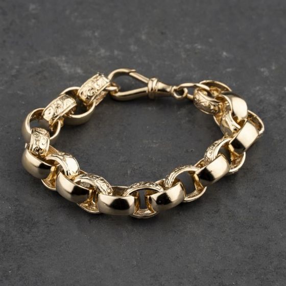 Second Hand 9ct Yellow Gold Patterned Link 7 Inch Belcher Chain Bracelet 41081217