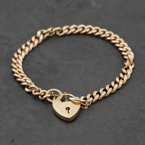 Second Hand 9ct Yellow Gold Heart Padlock 7 Inch Curb Chain Bracelet 41081251