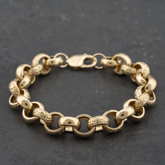 Second Hand 9ct Yellow Gold Heavy Hula Hoop Engraved Links 8.5 Inch Belcher Chain Bracelet 41081253