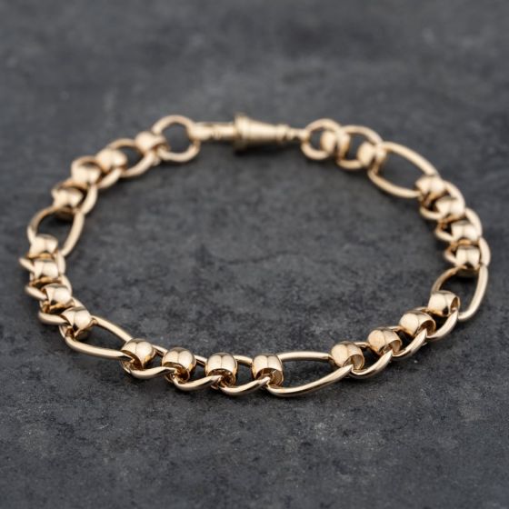 Second Hand 9ct Yellow Gold Roller Ball Link 3+1 8 Inch Figaro Chain Bracelet 41081258