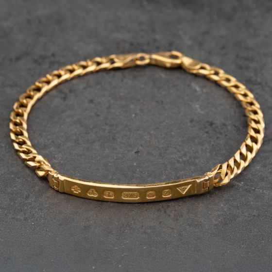 Second Hand 9ct Yellow Gold Gold Bar Style 8 Inch Curb Identity Bracelet 41081264