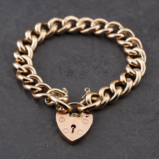 Second Hand 9ct Rose Gold Heart Padlock Chunky 8 Inch Curb Chain Bracelet 41081269