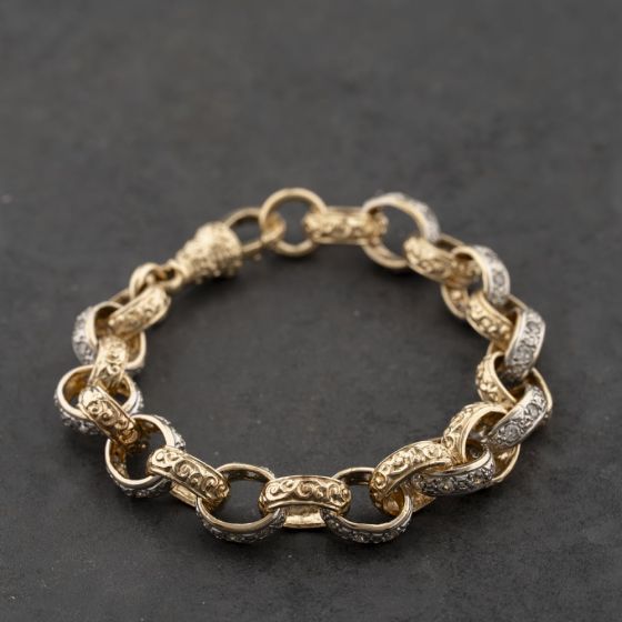 Second Hand 9ct Two Colour Gold Cubic Zirconia 8 Inch Belcher Chain Bracelet 41081313