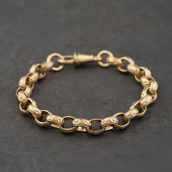 Second Hand 9ct Yellow Gold Oval Engraved 8 Inch Belcher Chain Bracelet 41081318