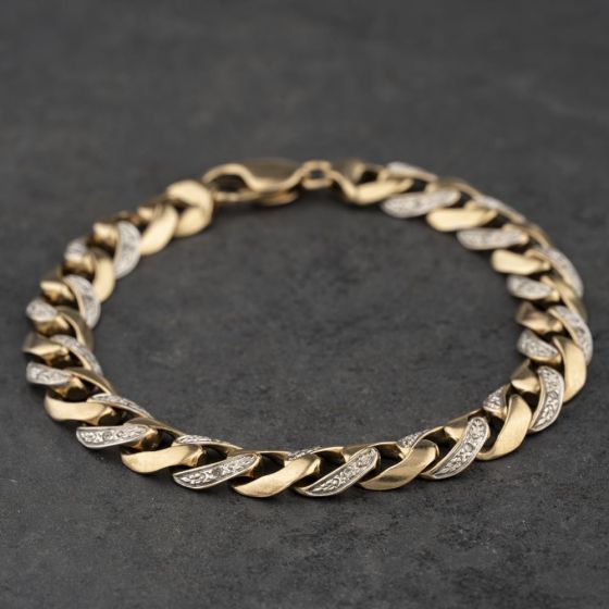 Second Hand 9ct Two Colour Gold Diamond Set 8.5 Inch Curb Chain Bracelet 41081343