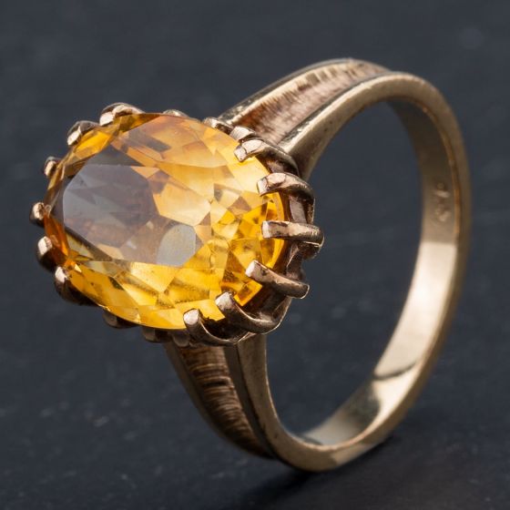 Second Hand 9ct Yellow Gold Vintage Oval Claw Set Citrine Solitaire Ring 4109836