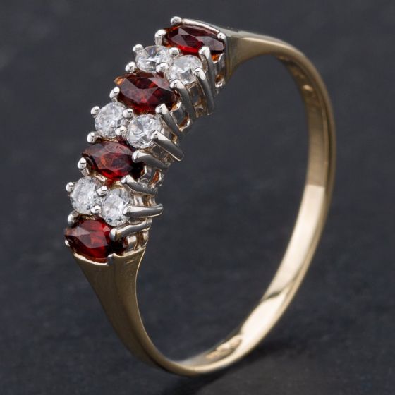 Second Hand 9ct Yellow Gold Marquise Cut Garnet Cubic Zirconia Half Eternity Ring 4109844