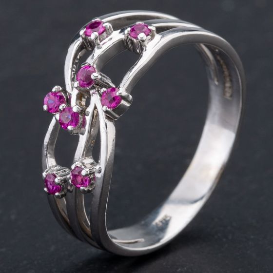 Second Hand 9ct White Gold Pink Sapphire 8 Stone Fancy Open Spray Style Dress Ring 4110069